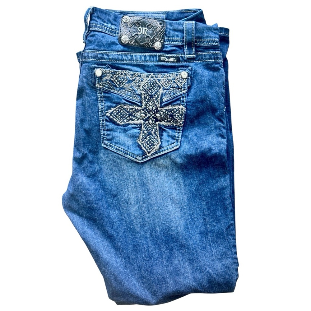 🔥Miss Me Blue Boot Cut Jeans with Ornate Cross Design size 34 Denim Embellished